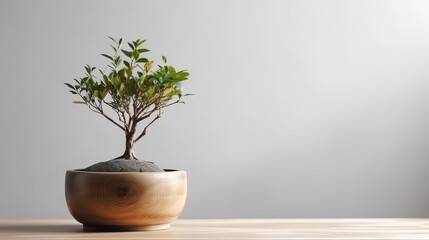 Wooden desk table top with tree pot on white wall. Generative Ai