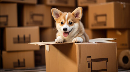 Corgi dog in cardboard boxes for moving. Created with Generative AI technology.