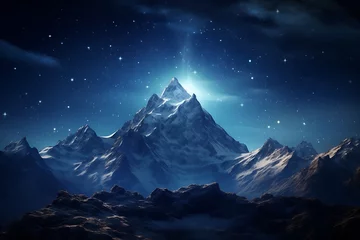 Fotobehang A captivating shot of a star-filled night sky above a rugged mountain peak, a celestial symphony in the depths of darkness. © TachfineM