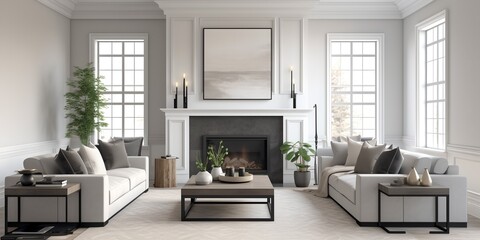 Classic luxury living room interior with fireplace, generative ai