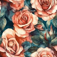 Watercolor roses, seamless pattern.  illustration colored floral seamless background