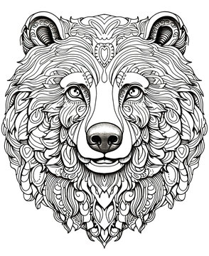 Mandala, black and white illustration for coloring animals, bear.