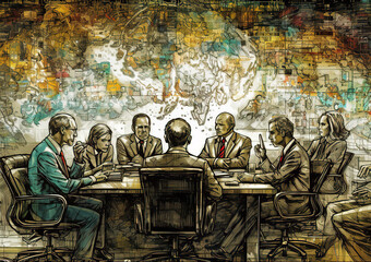 Politicians, business people having a meeting.  Geopolitics, war confrontation concept illustration.  - obrazy, fototapety, plakaty