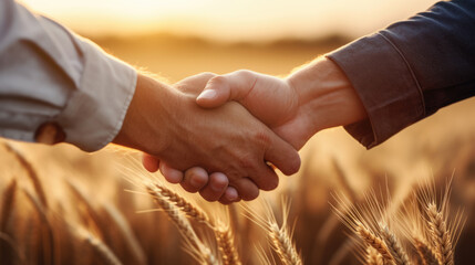 Two farmers shake hands in front of a wheat field. - obrazy, fototapety, plakaty