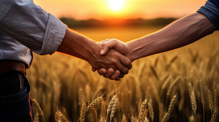 Fototapeta na wymiar Two farmers shake hands in front of a wheat field.