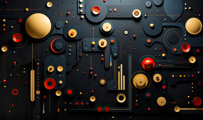 Various flat geometric shapes on a black background.