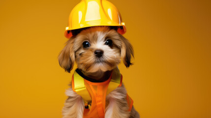 Dog wearing construction helmet on yellow background.