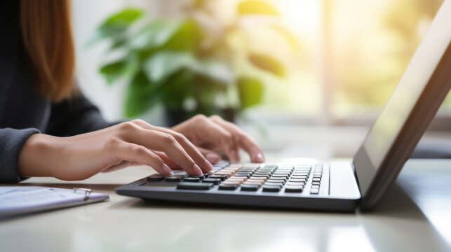 Closeup image of a business woman's hands working and typing on laptop keyboard on table. Created with Generative AI technology.