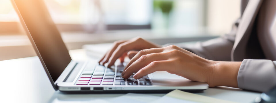Closeup image of a business woman's hands working and typing on laptop keyboard on table. Created with Generative AI technology.