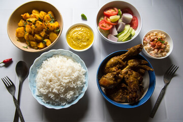 Indian non veg lunch menu served. Top view, selective focus. 