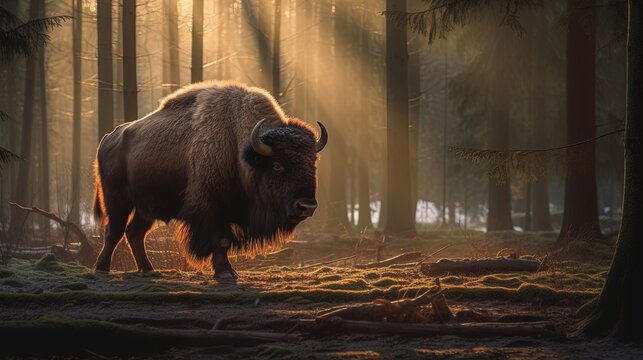 Golden Dawn in the Wilderness: A High-Resolution, Detailed Capture of a Majestic Bison Herd Grazing in the Polish Forest, Illuminated by the Warm Hues of Sunrise, Amidst of the Misty Woods - Powered by Adobe