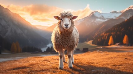 Naklejka premium Sunrise Serenity in the Dolomites: A High-Resolution Capture of Grazing Sheep, Majestic Mountain Peaks, and Mystical Morning Mist under a Pastel Dawn Sky