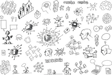 hand drawn architectural sketches of artificial intelligence topics and robots and future and science topics and machine learning and circuits
