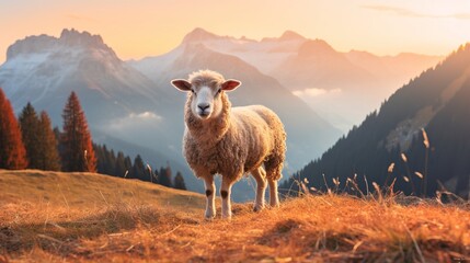 Fototapeta premium Sunrise Serenity in the Dolomites: A High-Resolution Capture of Grazing Sheep, Majestic Mountain Peaks, and Mystical Morning Mist under a Pastel Dawn Sky