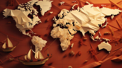 Happy columbus day national usa holiday greeting card with ship over world map. Generative Ai