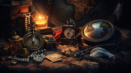 Columbus day concept, pirates and treasure with vintage worldmap and discovery. Generative Ai