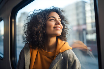 Pensive young woman, happily gazing out the window during her morning commute on an urban light rail train, expressing gratitude