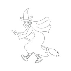 Witch flying with her broom hand drawn outline illustration