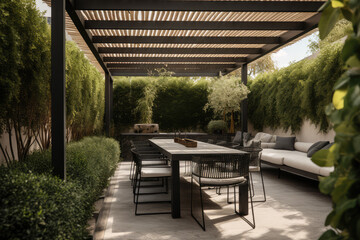 Modern black bio climatic pergola with top view on an outdoor patio. Teak wood flooring, a pool, and lounge chairs. green grass and trees in a garden, generative AI	