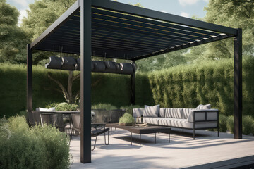 Modern black bio climatic pergola with top view on an outdoor patio. Teak wood flooring, a pool, and lounge chairs. green grass and trees in a garden, generative AI	
