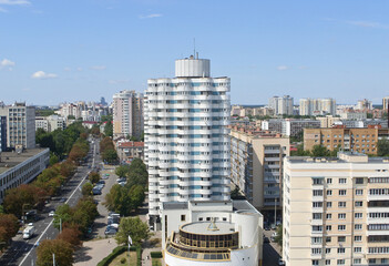 Urban landscape of late Soviet architecture. A combination of styles of modern architecture in the city of Minsk.