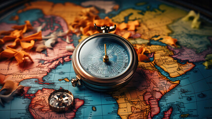Golden compass on world map background. Generative Ai