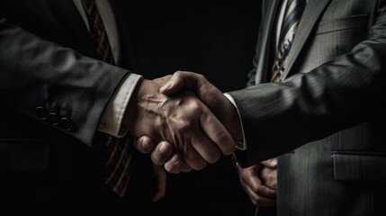 two businessman handshake isolated on a dark background. successfully negotiate. handshake. two businessman shake hand with partner to confirm business deal. Made With Generative AI.