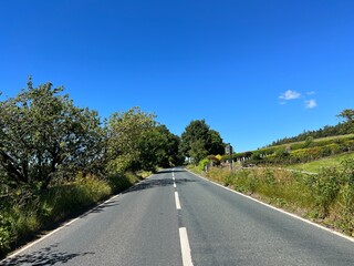 Hellifield Road, with wild plants, bushes, fields, and a blue sky in, Bolton by Bowland, Clitheroe, UK