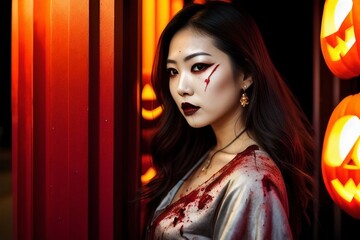 halloween Japanese woman covered in blood, white bloody kimono, horror