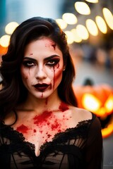 halloween American woman, killer in blood, make-up, horror, pumpkin, black dress, scary look