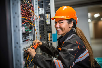 Female commercial electrician at work on a fuse box, adorned in safety gear, demonstrating professionalism
