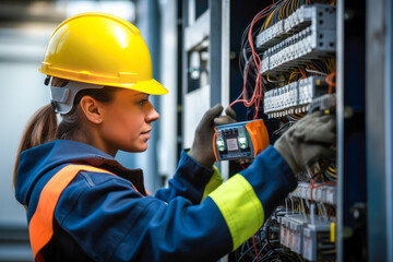 Female commercial electrician at work on a fuse box, adorned in safety gear, demonstrating...