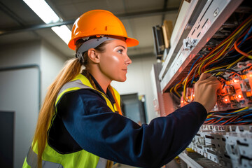 Female commercial electrician at work on a fuse box, adorned in safety gear, demonstrating professionalism
