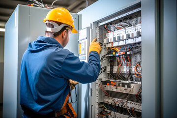 Male commercial electrician at work on a fuse box, adorned in safety gear, demonstrating professionalism