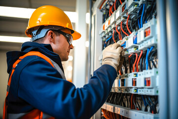 Male commercial electrician at work on a fuse box, adorned in safety gear, demonstrating professionalism