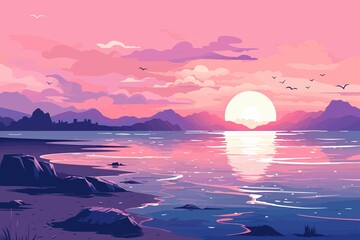 Summer sea sunset flat landscape illustration