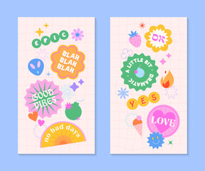 Vector insta story templates with patches and stickers in 90s style.Smm banners in y2k aesthetic with chess background.Funky designs for social media marketing,branding,packaging