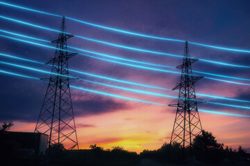 Electricity transmission towers with orange glowing wires the starry night sky. Energy...