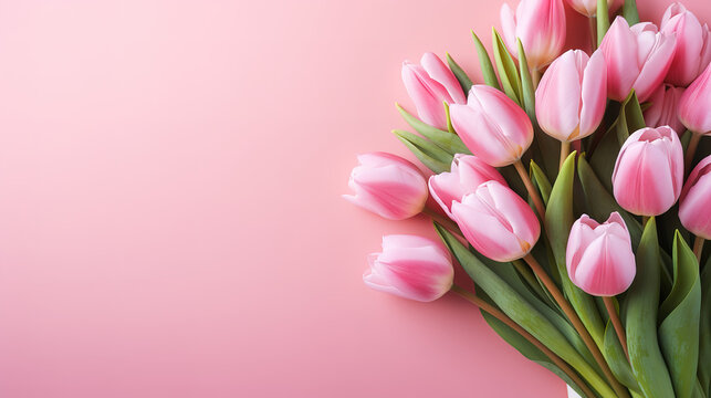 Beautiful composition spring flowers. Bouquet of pink tulips flowers. Generative Ai