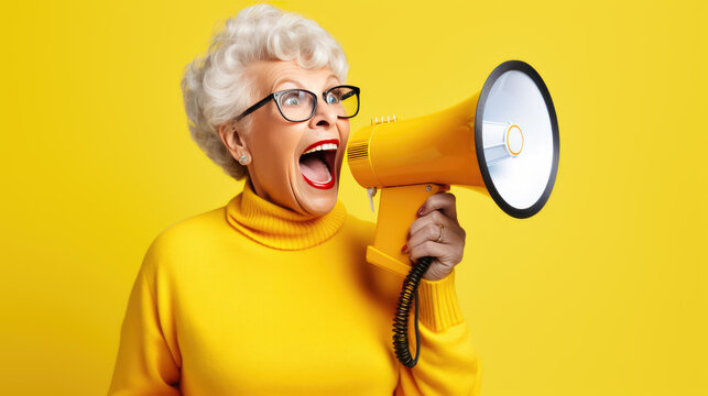 An elderly woman screams into a loudspeaker against a yellow background.