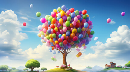Happy holiday, funny tree with balloons. Generative Ai