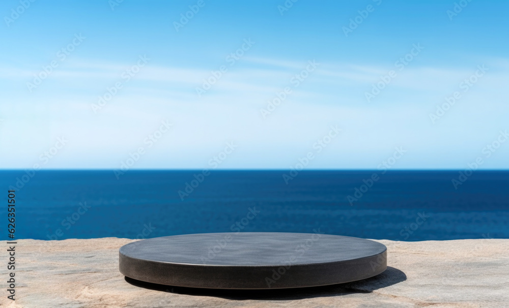 Poster empty round black podium on stone platform with sea and blue sky background for product display