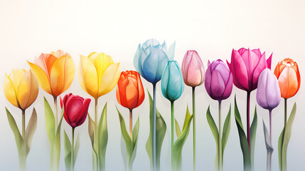 Spring tulip flowers in a row. Generative Ai