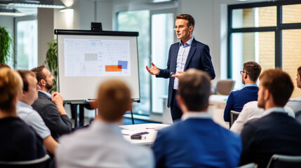 Businessman during a presentation in front of his colleagues at the office. Created with Generative AI technology.