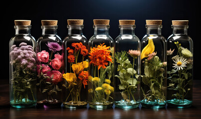 Aromatherapy, glass bottles with sprigs of flowers on a dark background. - Powered by Adobe