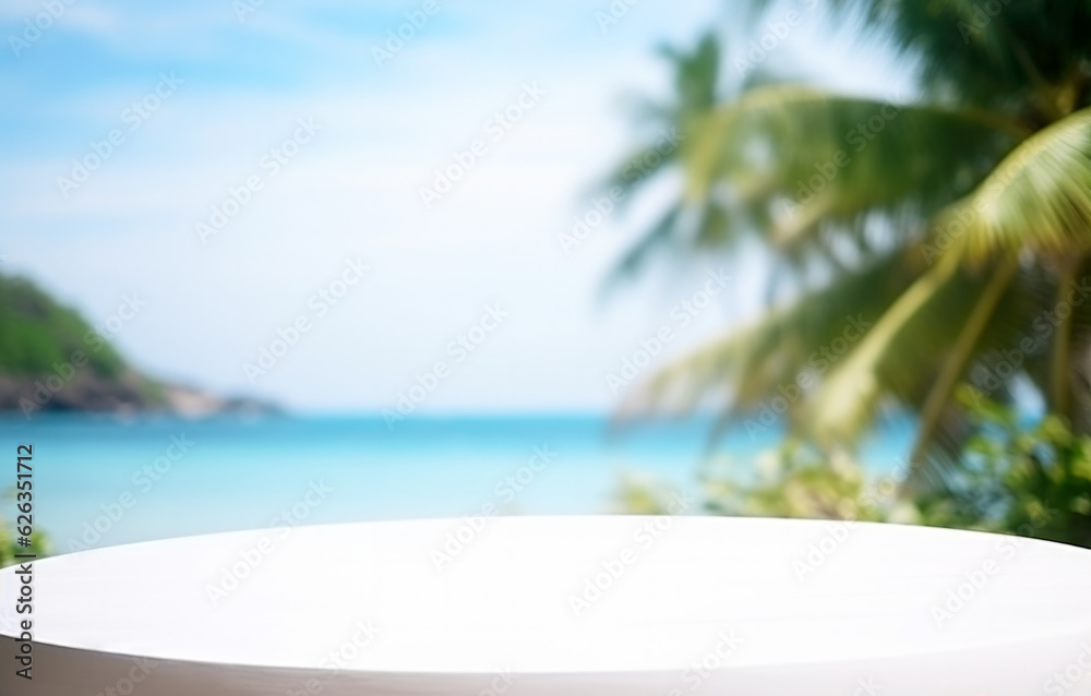 Poster white round table top and blur beach seascape and palm tree of the background. for product display