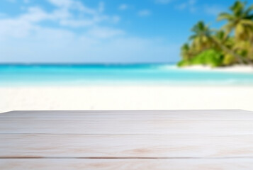White wooden table top on blur beach background - can be used for display or montage your products