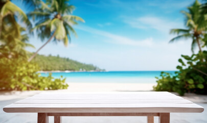 White Wooden Table Top And Blur Tropical Beach Of The Blur Exterior Background
