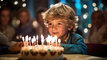 Happy caucasian boy celebrating his birthday with huge tasty cake with candles. Created with Generative AI technology.