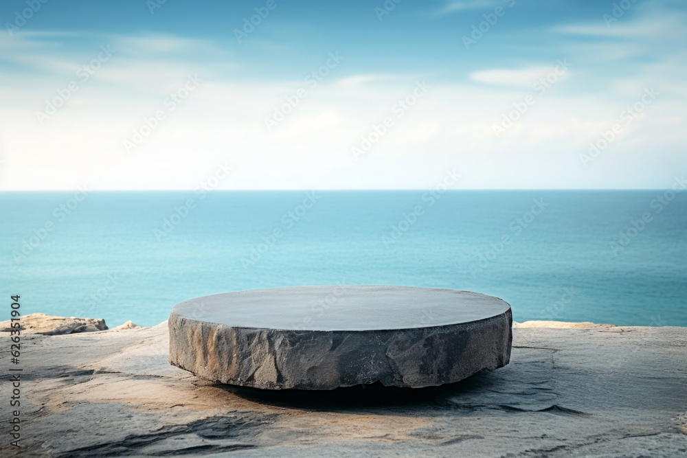 Poster empty round stone platform on seascape background.